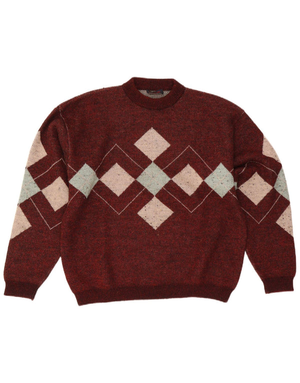 Vintage męski sweter z okrągłym dekoltem, duży bordowy Argyle/diament