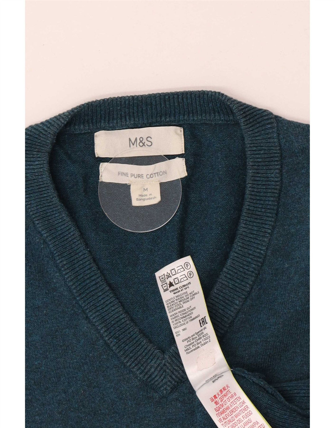 Marks & Spencer Męski sweter z dekoltem w kształcie litery V, średniozielony, bawełniany