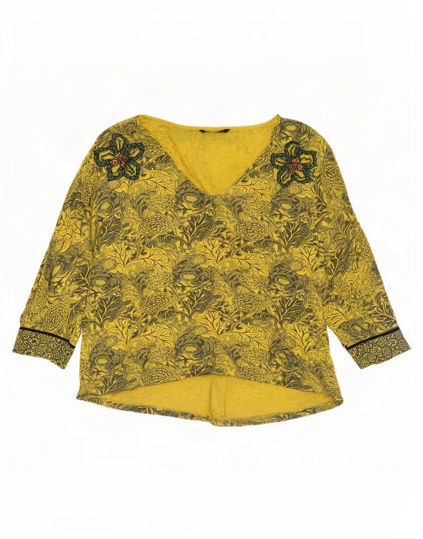 Damski sweter oversize Desigual z dekoltem w kształcie litery V, UK 14, średni żółty w kwiaty