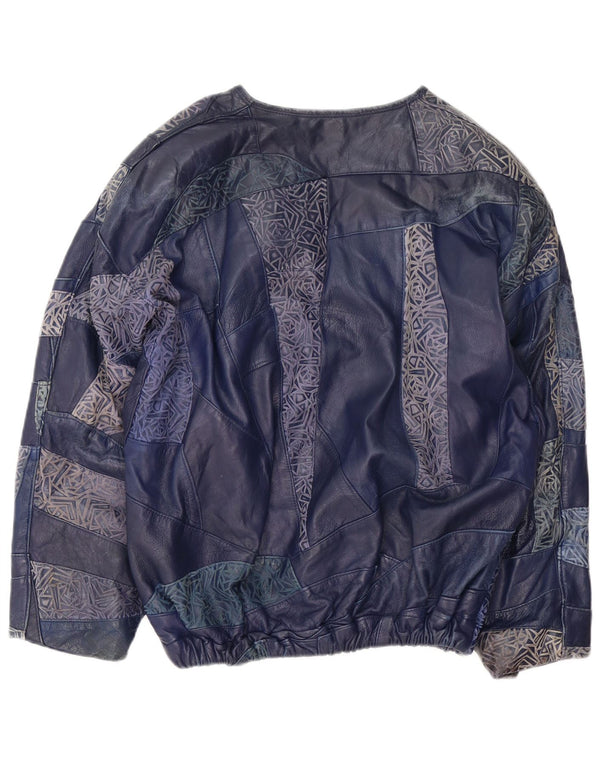 Vintage damska kurtka skórzana z pulowerem UK 16, duża granatowa patchworkowa