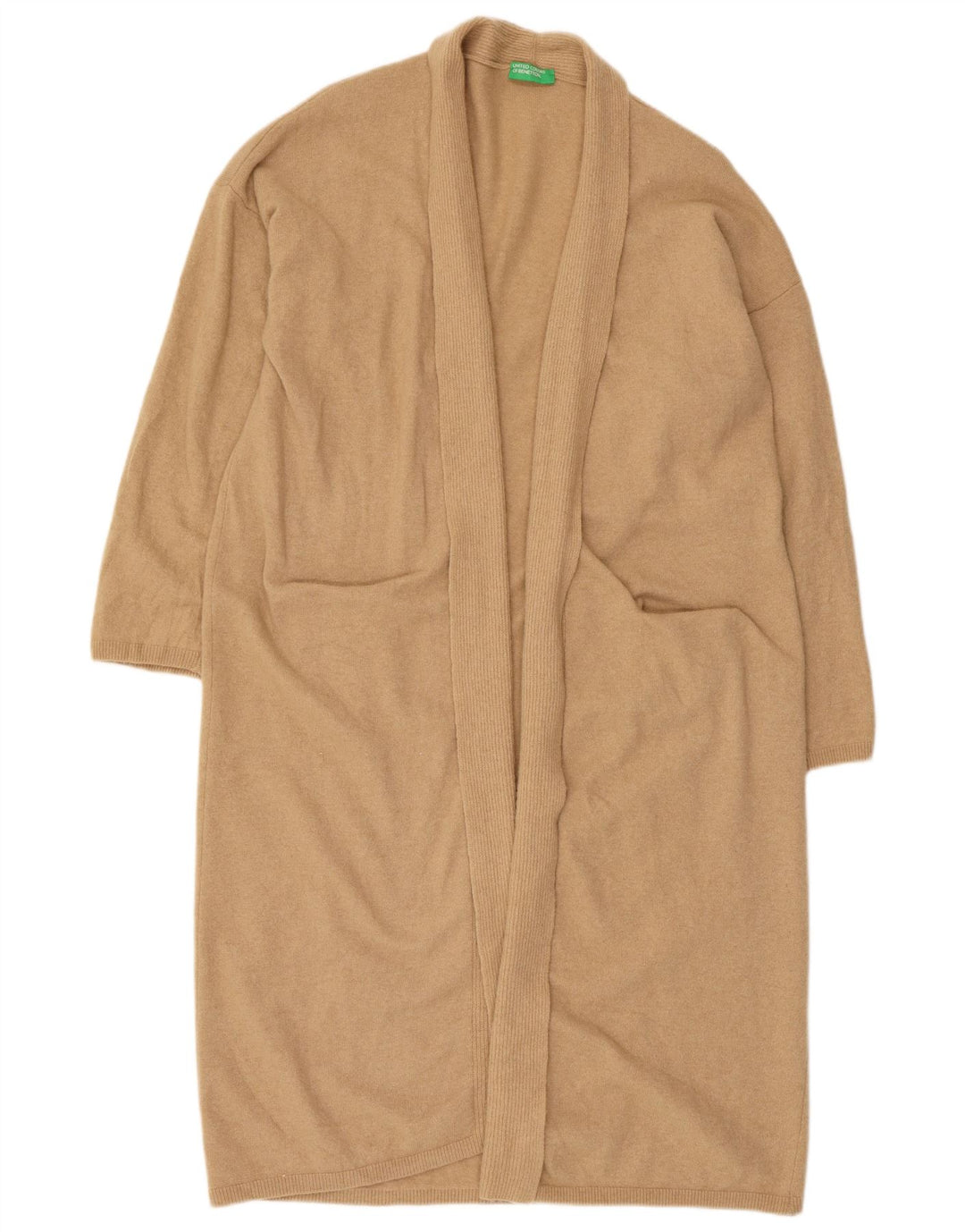 Damski sweter rozpinany Benetton Longline Open Cardigan UK 16, duży, beżowy, wełniany