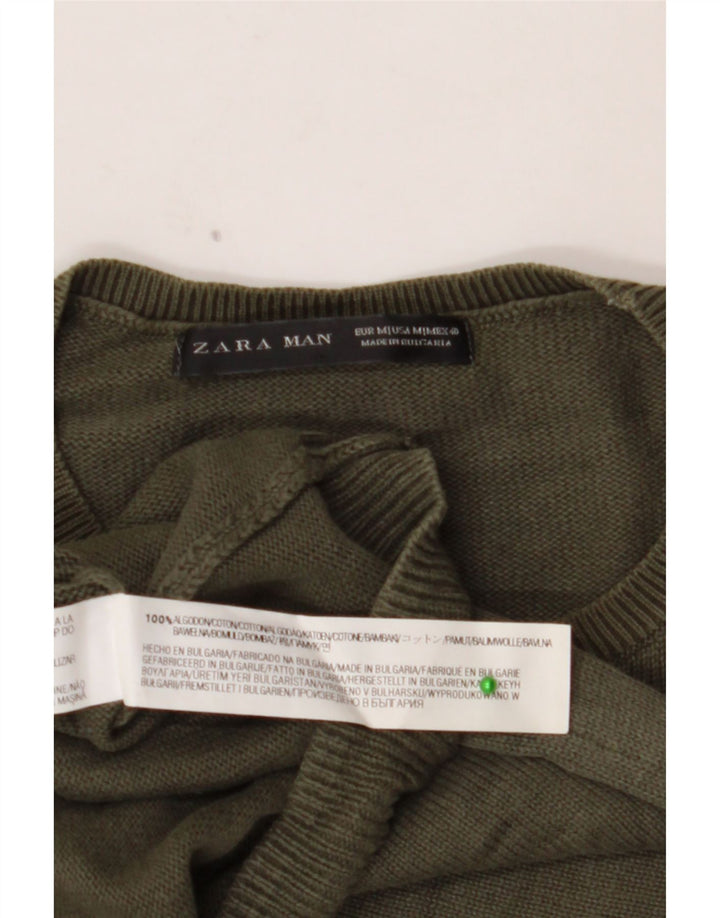 Męski sweter ZARA z graficznym wycięciem pod szyją, średniej wielkości bawełna khaki