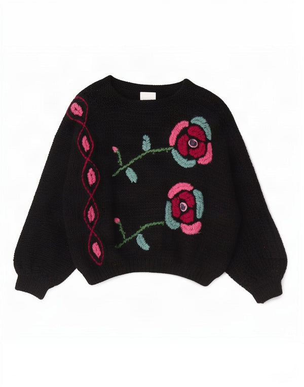Vintage damski sweter z dekoltem w łódkę UK 14, średni czarny w kwiaty