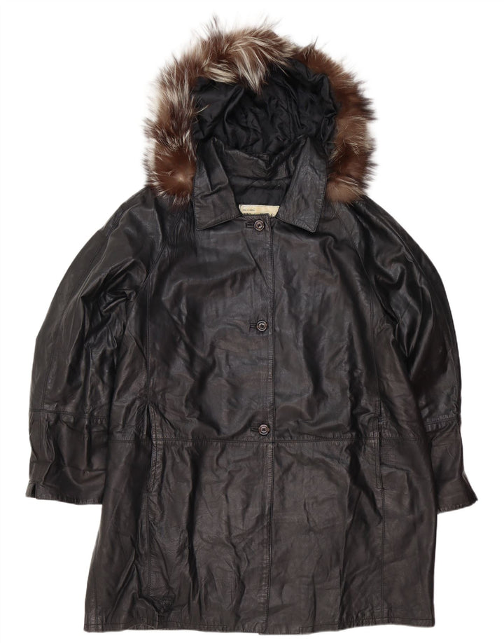 Vintage damski płaszcz skórzany z kapturem, oversize IT 48 XL, czarna skóra