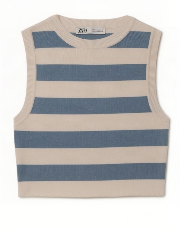 Zara Womens Crop Vest Top UK 12 Medium Blue Striped