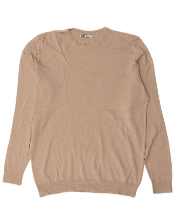 Męski sweter z okrągłym dekoltem Zara, mały, beżowy