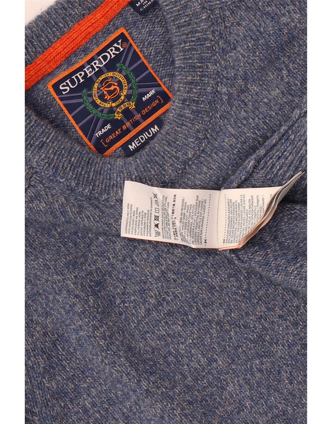 Męski sweter Superdry z okrągłym dekoltem, średni niebieski, nakrapiana wełna jagnięca