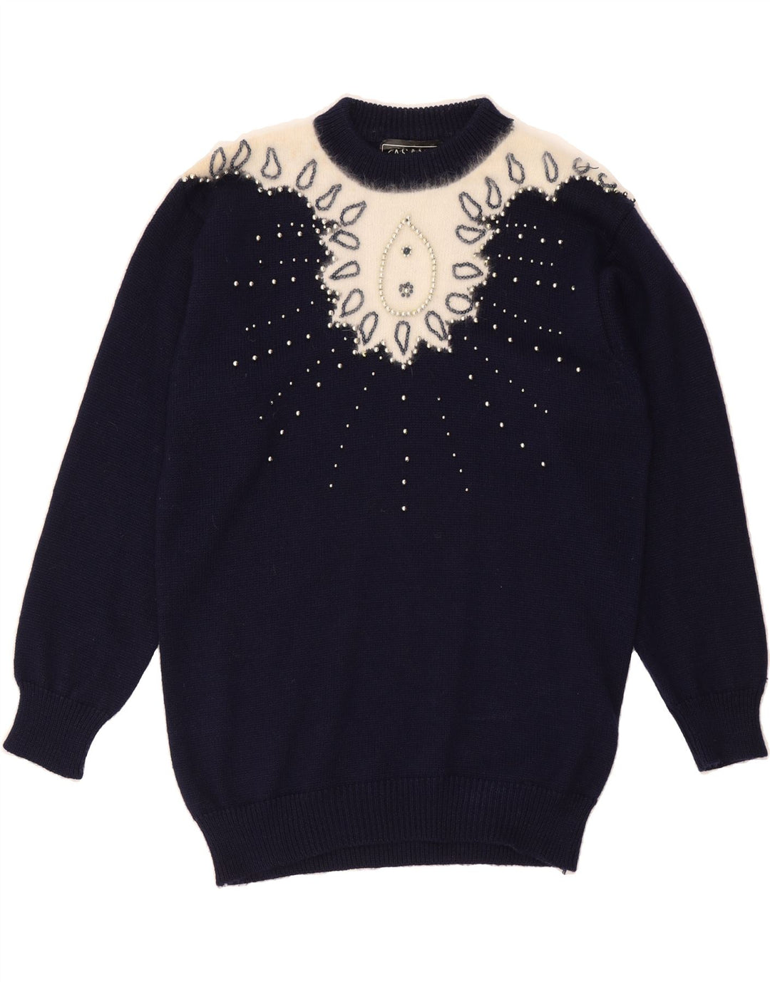 CASAMIA Womens Crew Neck Jumper Sweater One Size Navy Blue Colourblock Vintage Casamia and Second-Hand Casamia from Messina Hembry 