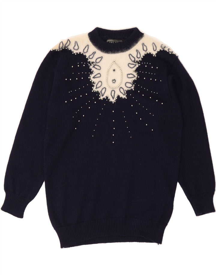 CASAMIA Womens Crew Neck Jumper Sweater One Size Navy Blue Colourblock Vintage Casamia and Second-Hand Casamia from Messina Hembry 