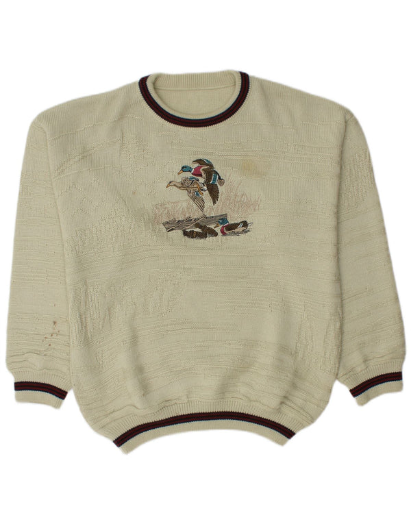 Vintage męski sweter z wycięciem pod szyją UK 46/48 2XL beżowy akryl