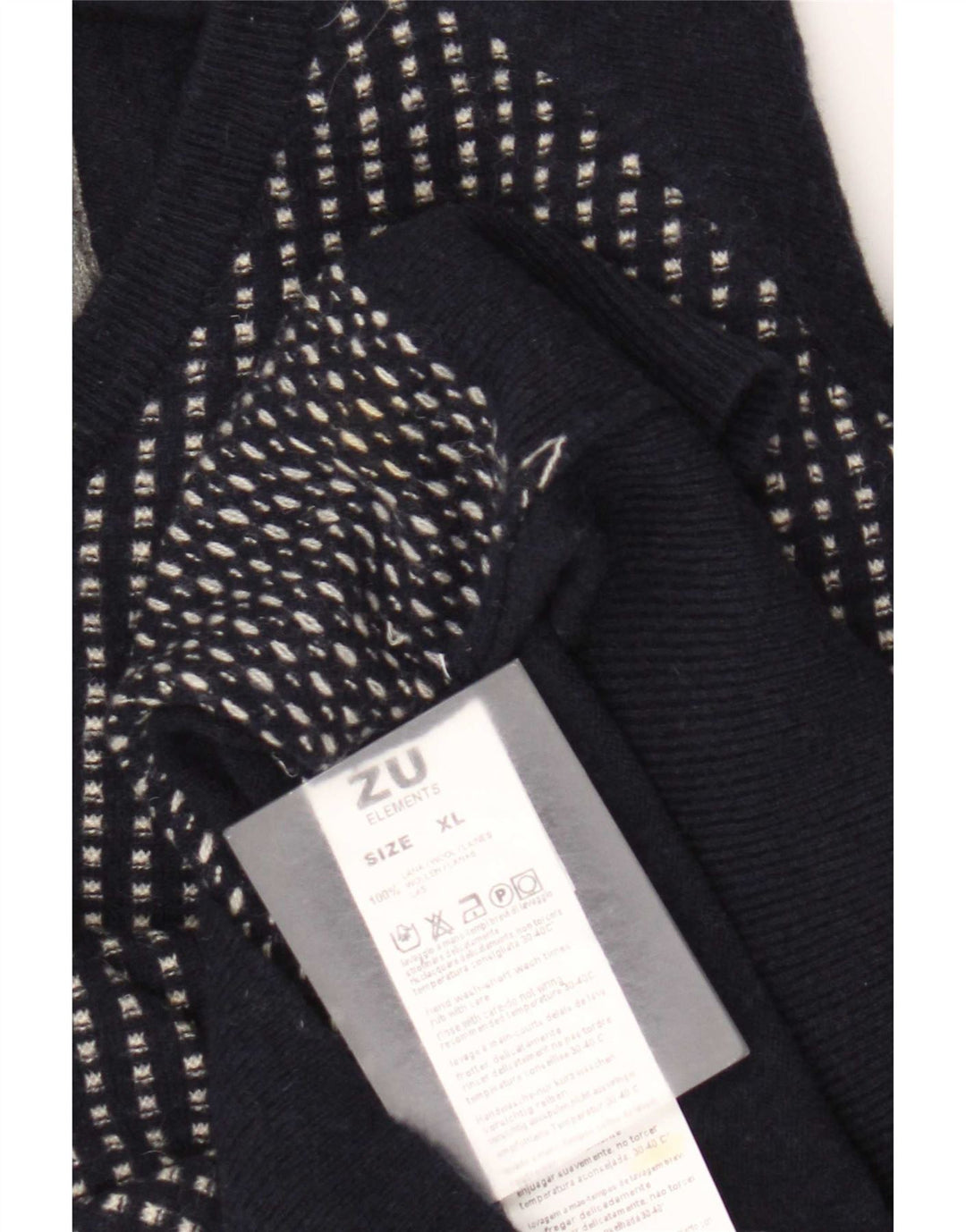 Męski sweter Zu Elements z graficznym dekoltem w kształcie litery V XL, granatowy, z geometrycznej wełny