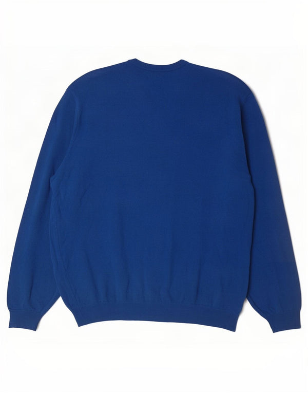 Benetton Mens V-Neck Jumper Sweater 2XL Blue Merino Wool