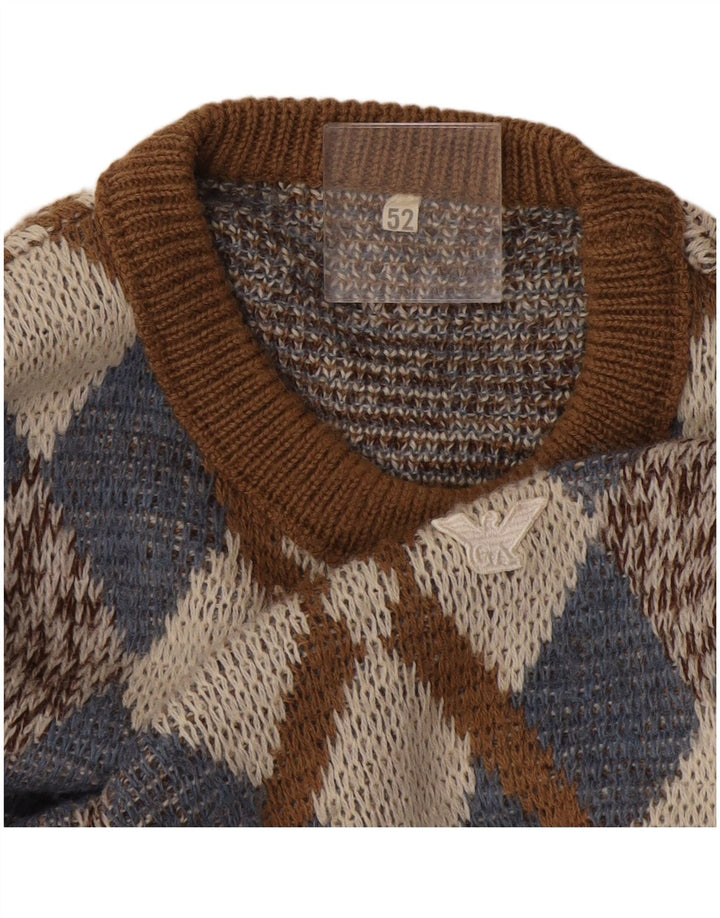 Męski sweter w stylu vintage z okrągłym dekoltem IT 52 Duży brązowy Argyle/Diament