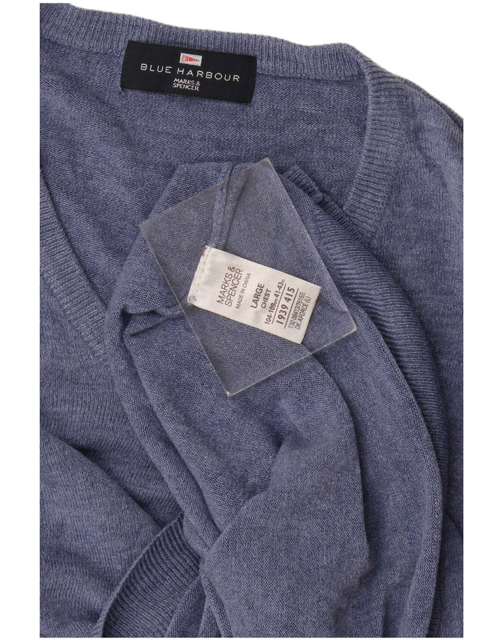 Marks & Spencer Męski sweter w kolorze niebieskim Harbor z dekoltem w kształcie litery V, duży niebieski akryl