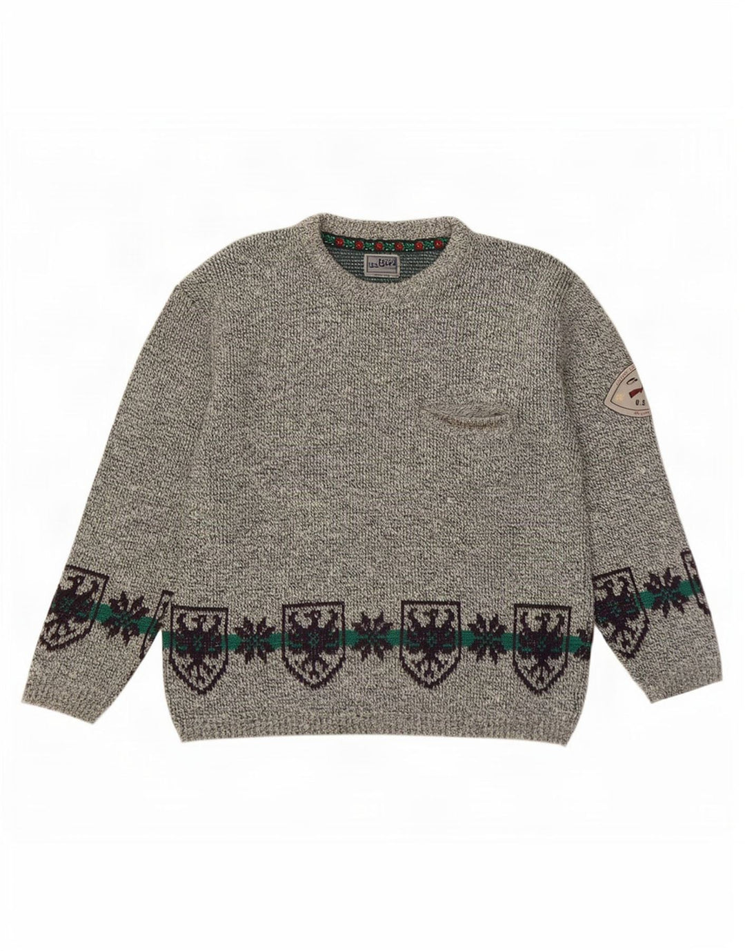 Vintage męski sweter z okrągłym dekoltem, duży, szary, wełniany Fair Isle