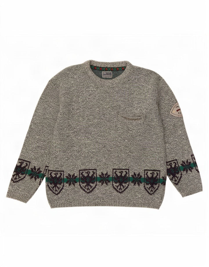 Vintage męski sweter z okrągłym dekoltem, duży, szary, wełniany Fair Isle