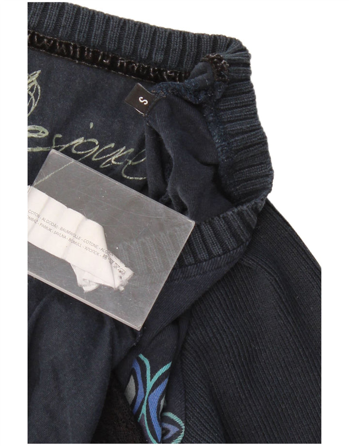 Damski sweter DESIGUAL z graficznym dekoltem w kształcie litery V, UK 8, mały, granatowy w kwiaty