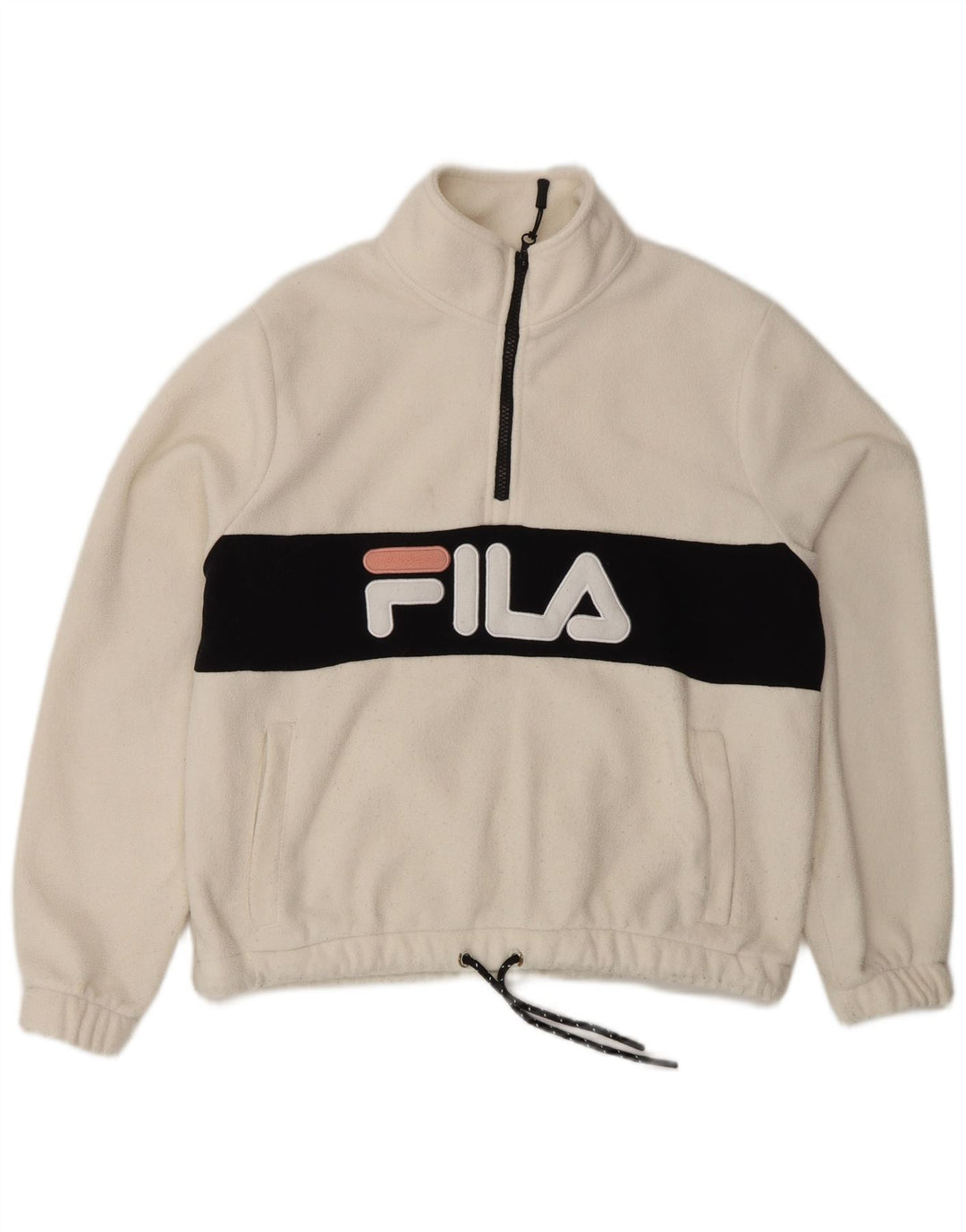 Damski sweter polarowy FILA Oversize z grafiką UK 10, mały, biały, z blokami kolorów