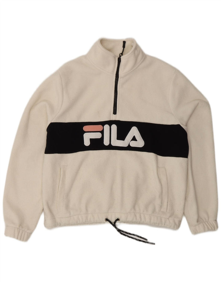 Damski sweter polarowy FILA Oversize z grafiką UK 10, mały, biały, z blokami kolorów