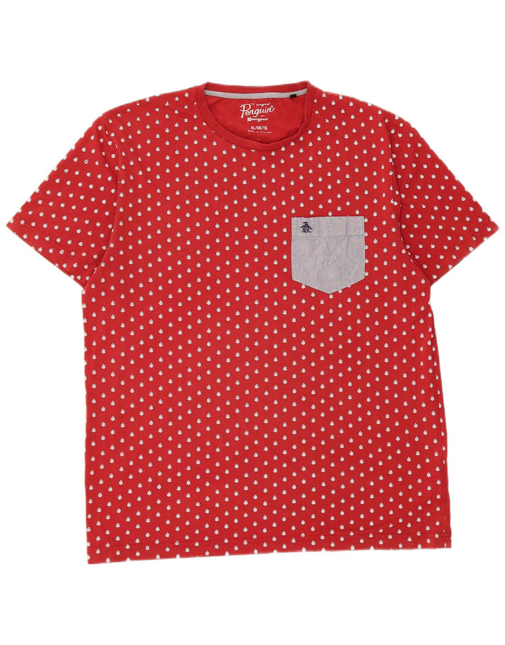 T-shirt męski z motywem pingwina, XL, bawełniany w czerwone cętki