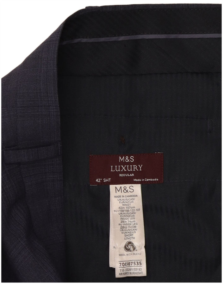 Męskie spodnie garniturowe Marks & Spencer W42 L29 Granatowa wełniana kratka