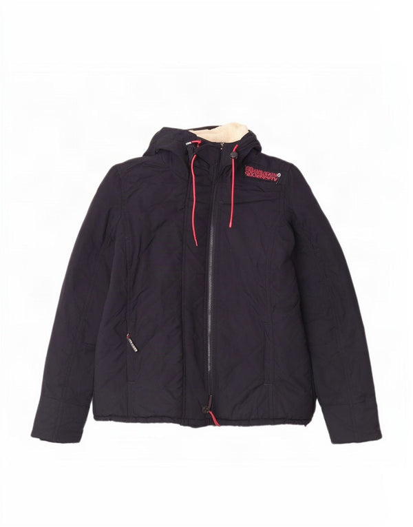 Damska pikowana kurtka wiatrówka z kapturem Superdry UK 14, duża, granatowa