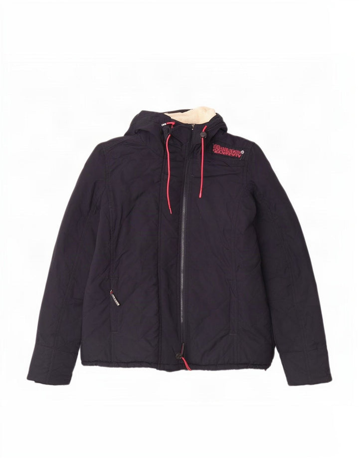 Damska pikowana kurtka wiatrówka z kapturem Superdry UK 14, duża, granatowa