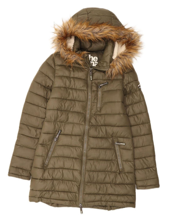 Damski ocieplany płaszcz z kapturem Superdry UK 14, średni nylon khaki