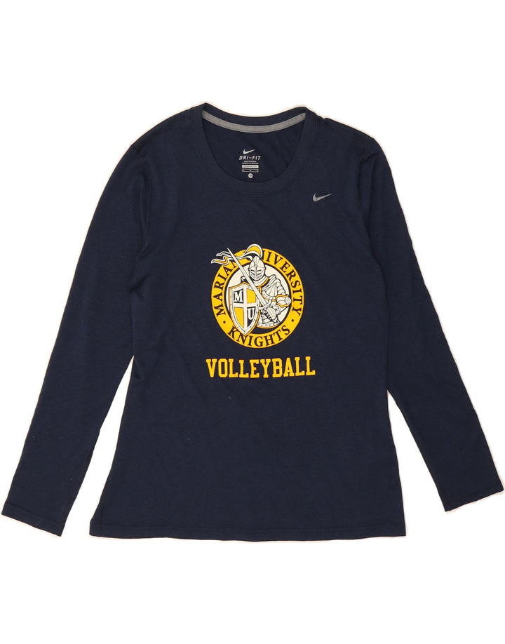 NIKE Womens Dri Fit Graphic Top Long Sleeve UK 14 Medium Navy Blue Vintage Nike and Second-Hand Nike from Messina Hembry 
