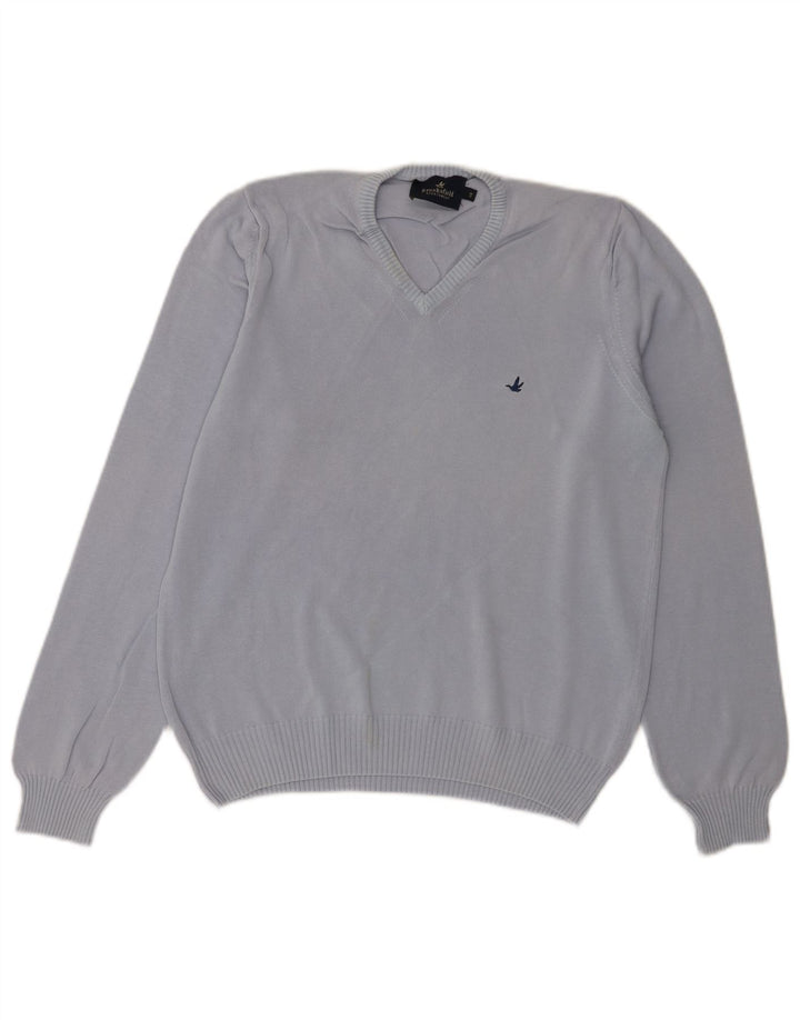 Damski sweter Brooksfield z dekoltem w szpic IT 48 XL, niebieska bawełna